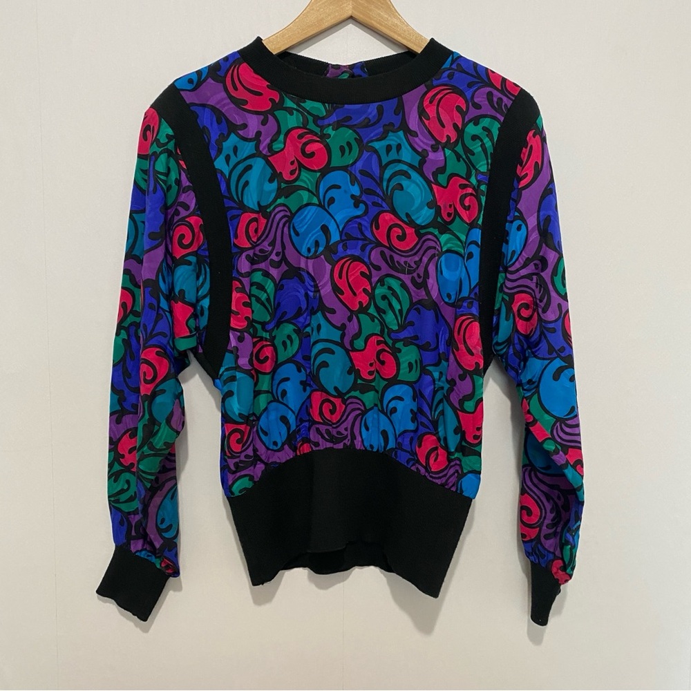 Adrianna Papell Vintage 80s Silk Blouse Sweater Abstract‎ Multicolor Size 4